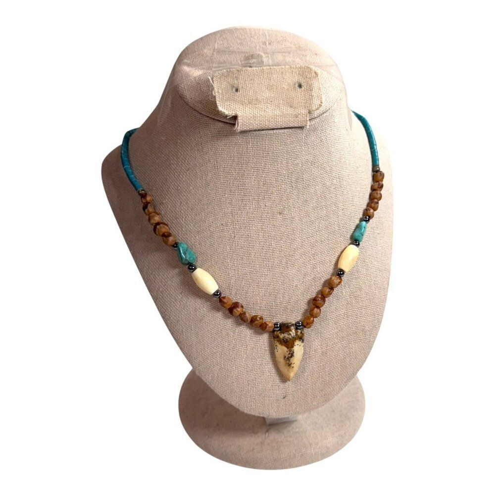 Arrowhead Beaded Necklace Turquoise & Wood Nut Seed Accents Natural Stone 17"